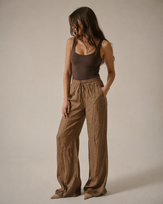 Mira Camel Pantolon — Yüksek Bel, Geniş Paça