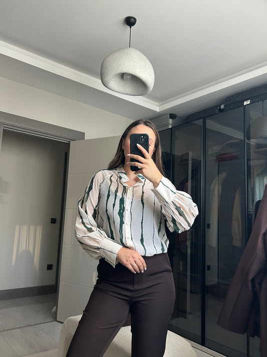 Bulutsu Çizgili Şifon Gömlek Willow — Balon Kol