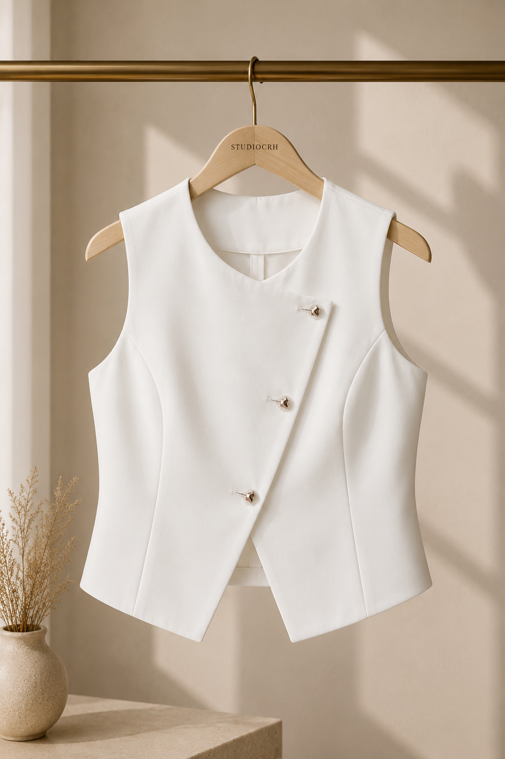 Crop Asimetrik Yelek Noir — Bel Pensli, Kolsuz