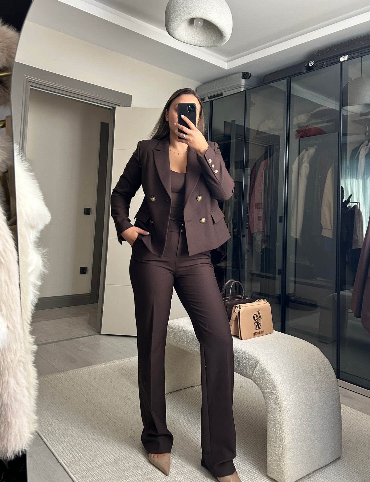 Moka Kahverengi Blazer Takım — Çift Sıra Düğme