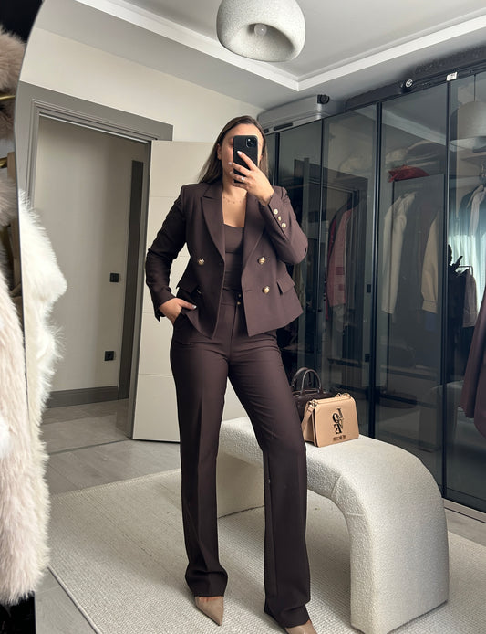 Moka Kahverengi Blazer Takım — Çift Sıra Düğme