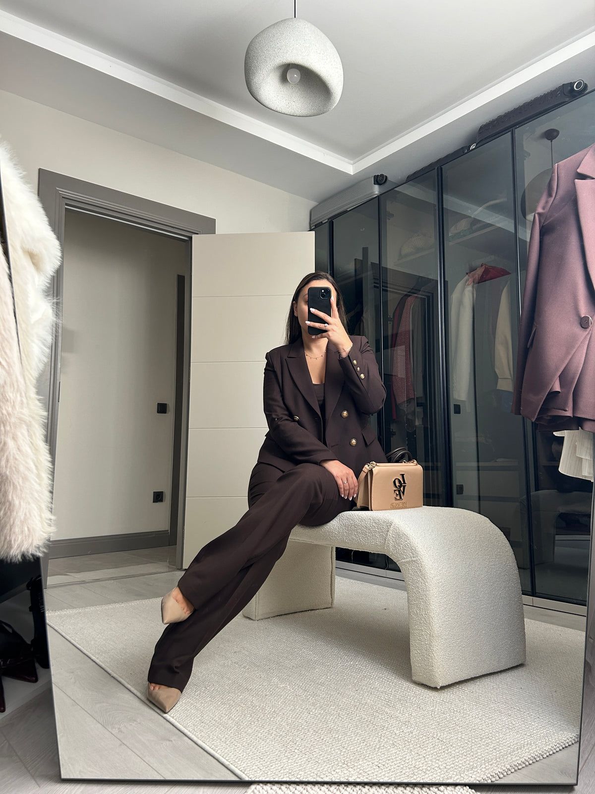 Moka Kahverengi Blazer Takım — Çift Sıra Düğme
