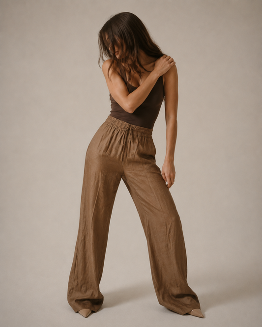 Mira Camel Pantolon — Yüksek Bel, Geniş Paça