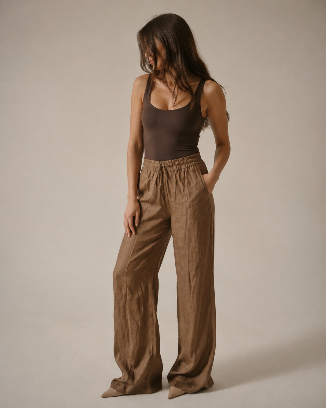 Mira Camel Pantolon — Yüksek Bel, Geniş Paça