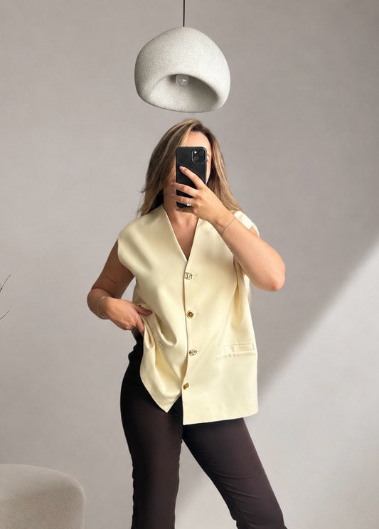Oversize Yelek Aura — V Yaka, Gold Düğmeli - Sarı