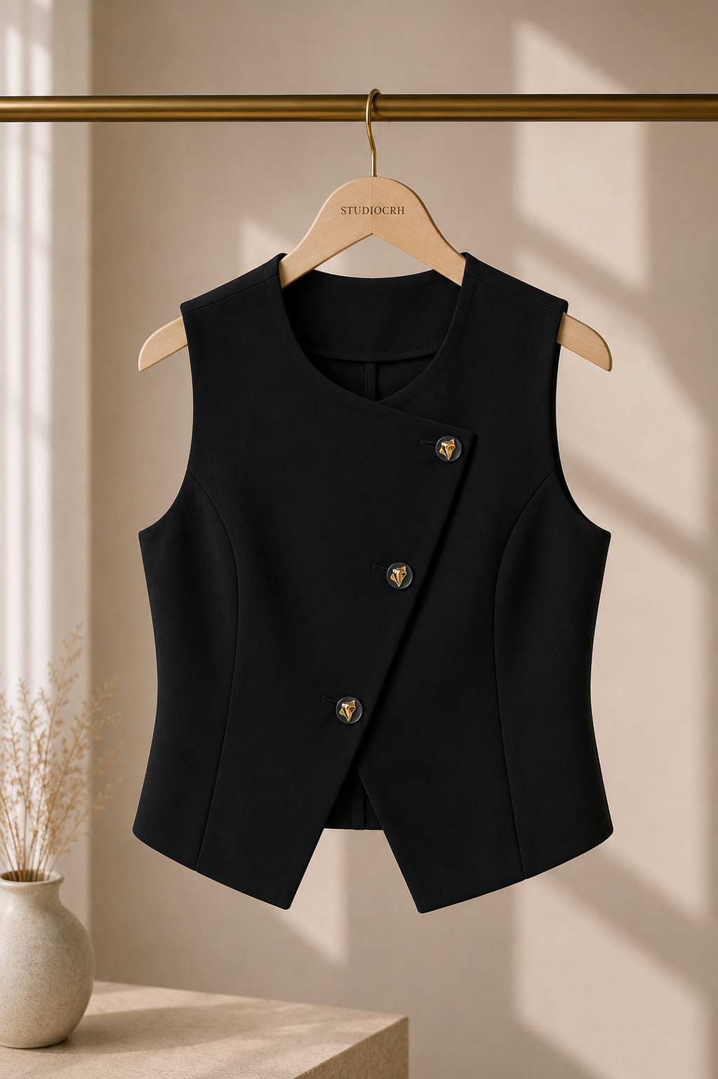 Crop Asimetrik Yelek Noir — Bel Pensli, Kolsuz