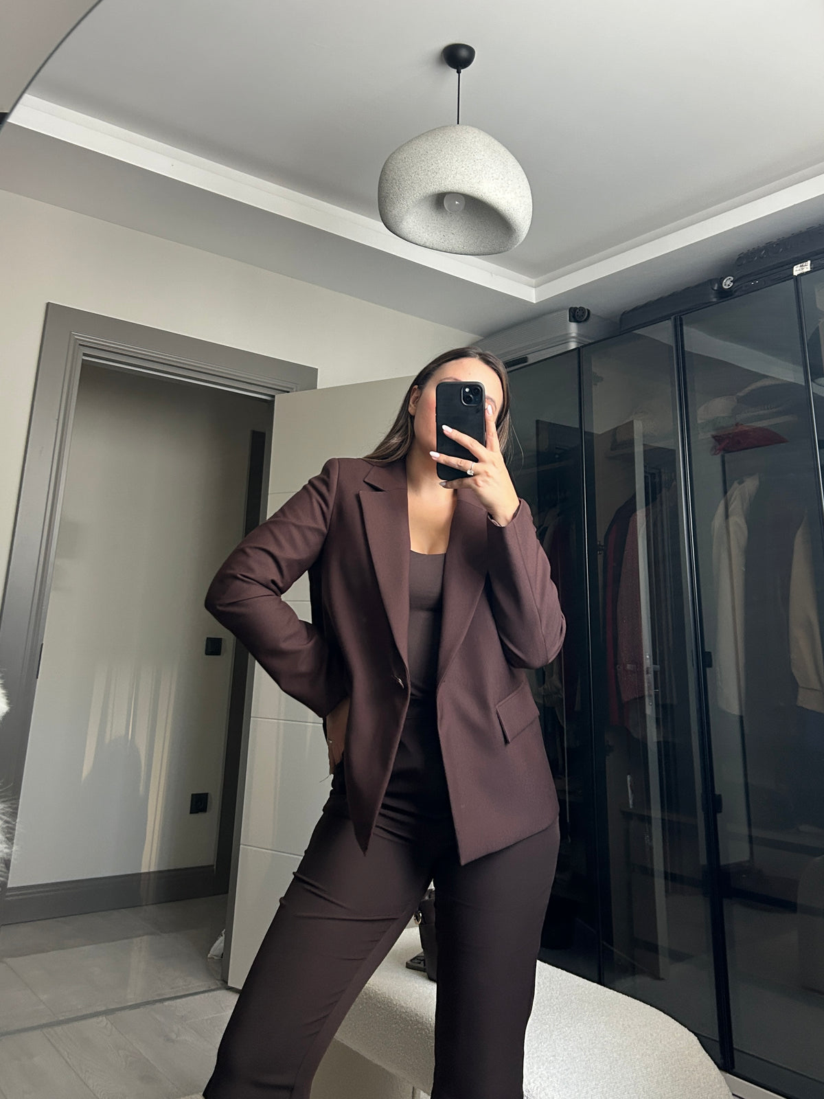Tek Düğmeli Kahverengi Blazer Ceket Mira — Deri Düğmeli