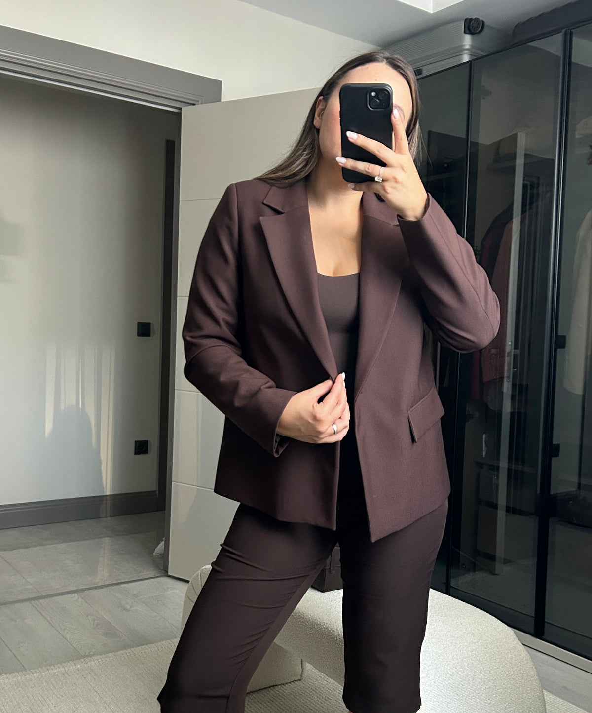Tek Düğmeli Kahverengi Blazer Ceket Mira — Deri Düğmeli